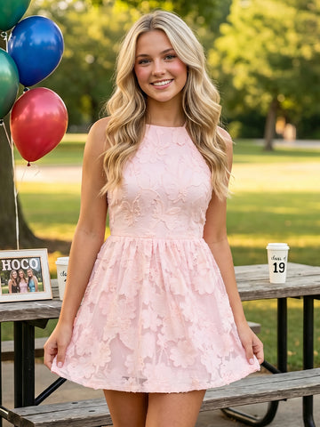 Floral Lace A Line High Neck Short Homecoming Dresses