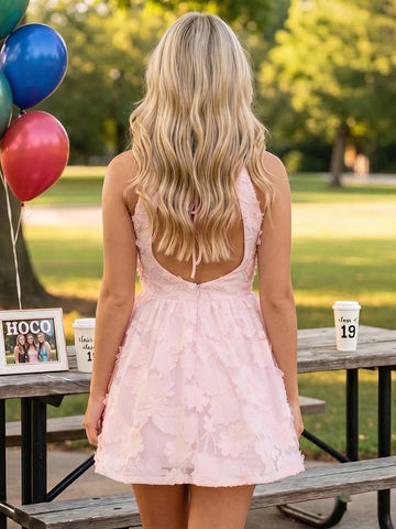 Floral Lace A Line High Neck Short Homecoming Dresses