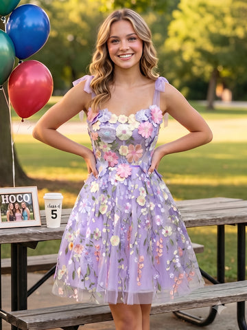 3D Floral Tulle A Line Sweetheart Neck Short Homecoming Dresses