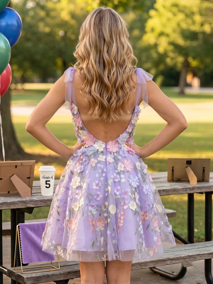 3D Floral Tulle A Line Sweetheart Neck Short Homecoming Dresses