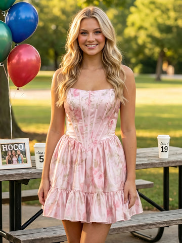 Floral Satin Corset Strapless Short Homecoming Dresses