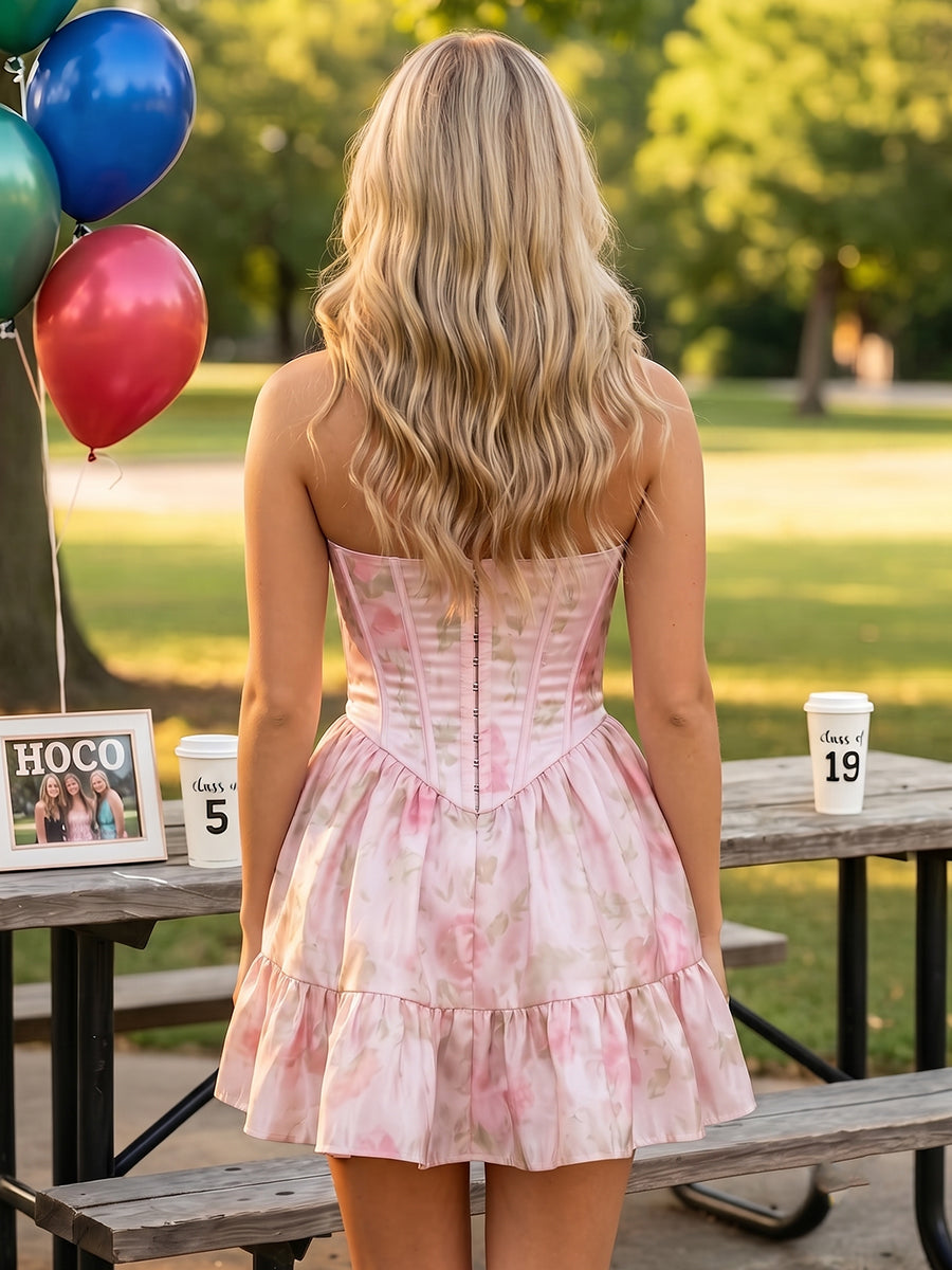 Floral Satin Corset Strapless Short Homecoming Dresses