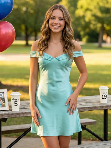 Satin A Line Off Shoulder Short Homecoming Dresses