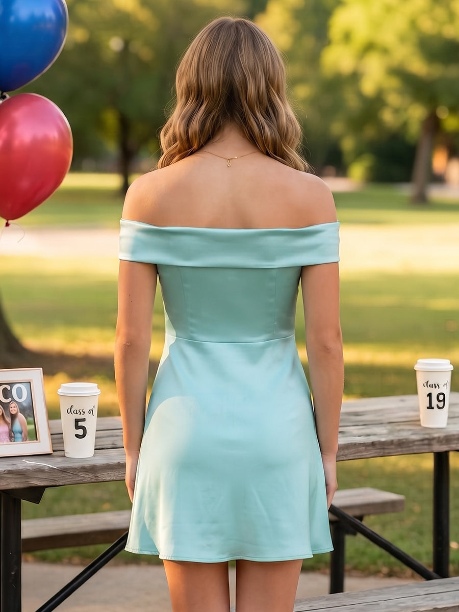 Satin A Line Off Shoulder Short Homecoming Dresses
