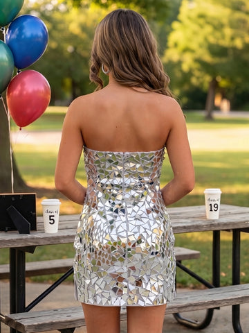 Sequins Sheath Strapless Short Homecoming Dresses With Slit
