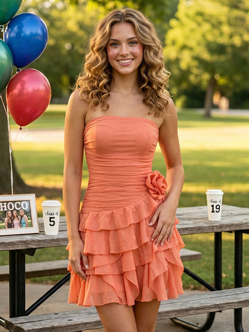 Chiffon Tiered A Line Strapless Short Homecoming Dresses With Flower