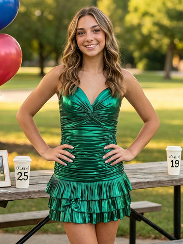 Metallic Satin Pleated Tiered Sweetheart Short Homecoming Dresses