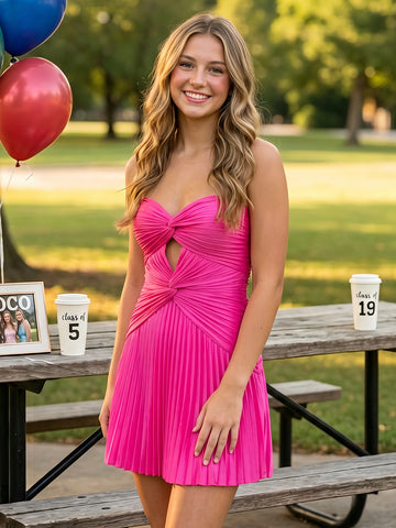 Pleated Satin A Line Strapless Short Homecoming Dresses