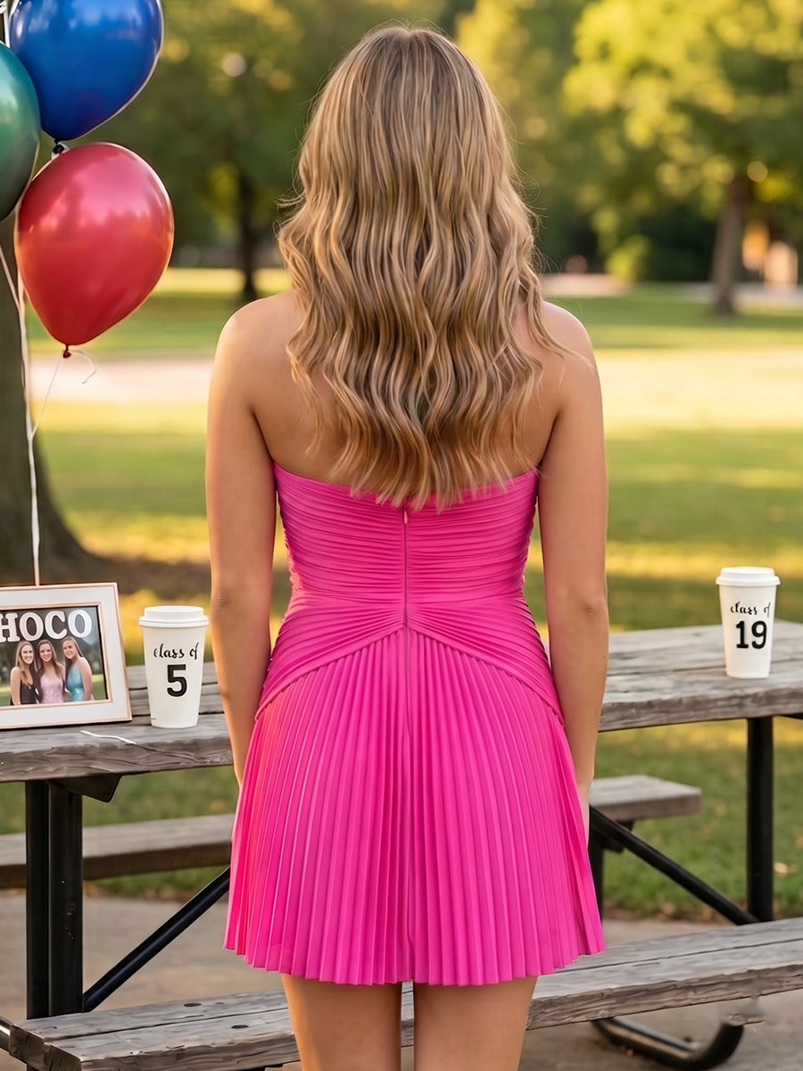 Pleated Satin A Line Strapless Short Homecoming Dresses