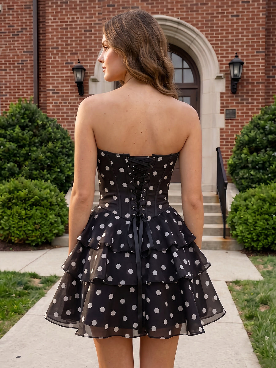 Polka Dot Chiffon Tiered Ruffles A Line Strapless Sleeveless Homecoming Dresses