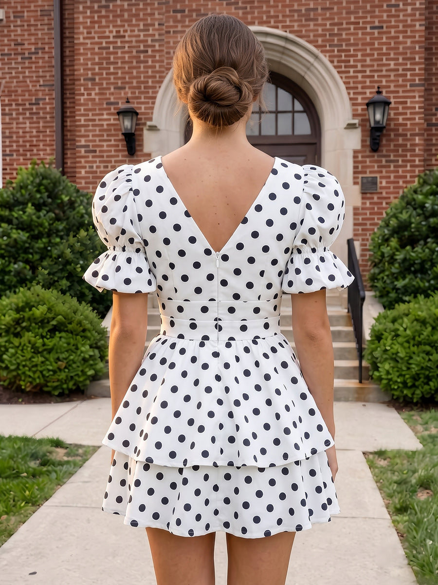 Satin Polka Dot A Line  Puff Sleeves Short Tiered Ruffles Homecoming Dress