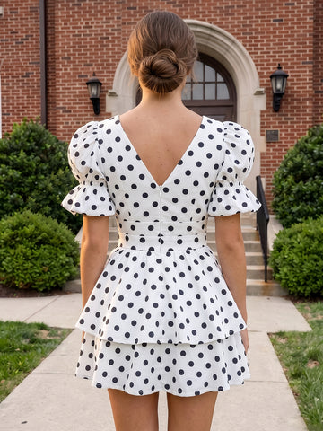 Satin Polka Dot A Line  Puff Sleeves Short Tiered Ruffles Homecoming Dress