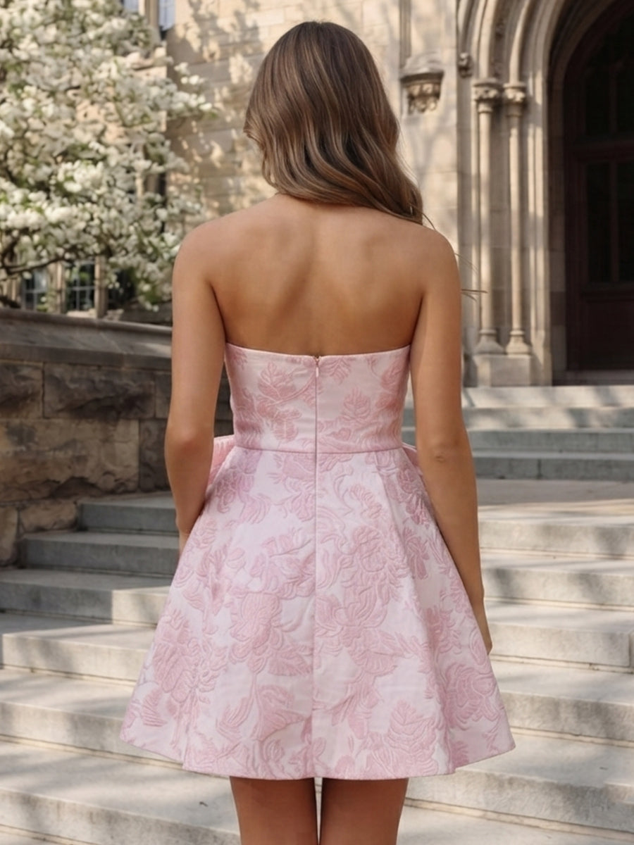 A Line Strapless Jacquard Sleeveless Short Homecoming Dresses with Bow