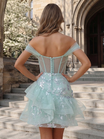 A Line Off the Shoulder Tiered Sleeveless Short Homecoming Dresses