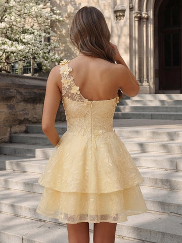A Line One Shoulder Tiered Sleeveless Short Homecoming Dresses