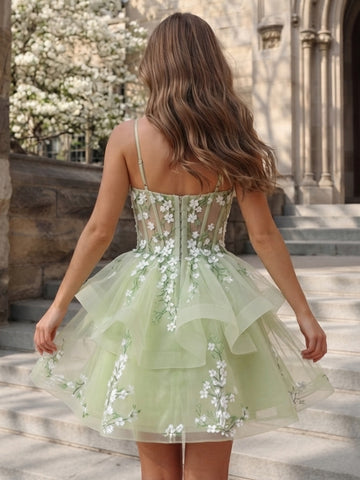 A Line V Neck Tiered Sleeveless Short Homecoming Dresses
