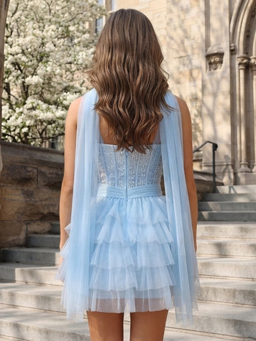A Line Sequins Square Neck Sleeveless Short Homecoming Dresses with Flower