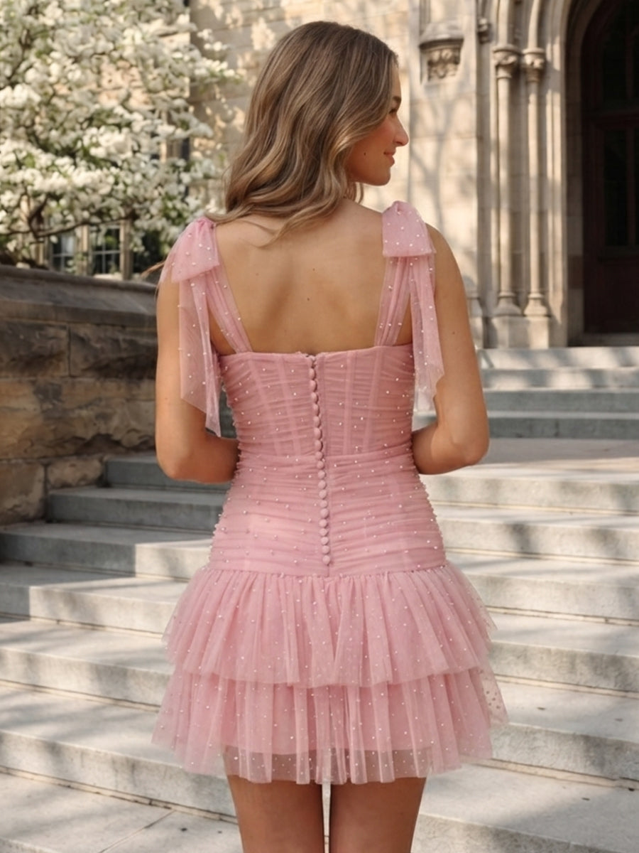 A Line Tulle Square Neck Sleeveless Short Homecoming Dresses with Pearls