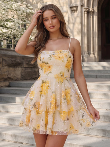 A Line Tiered Tulle Square Neck Sleeveless Short Homecoming Dresses