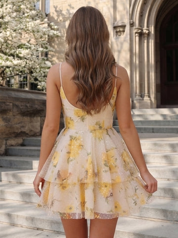 A Line Tiered Tulle Square Neck Sleeveless Short Homecoming Dresses