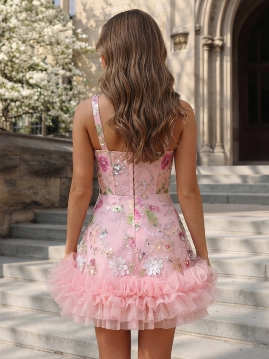 A Line Lace Square Neck Sleeveless Short Homecoming Dresses