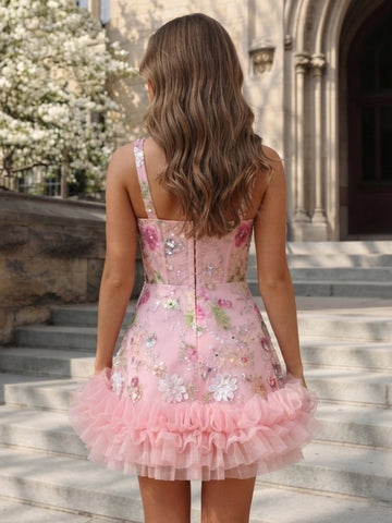 A Line Lace Square Neck Sleeveless Short Homecoming Dresses