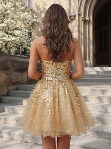 A Line Sequins Strapless Sleeveless Short Homecoming Dresses