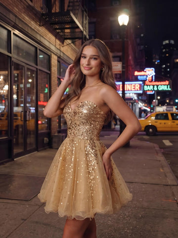 A Line Sequins Strapless Sleeveless Short Homecoming Dresses