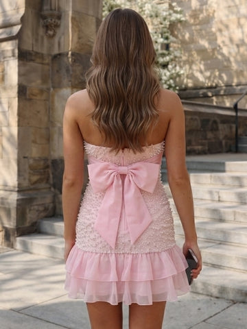 A Line Strapless Sleeveless Short Homecoming Dresses with Pearls