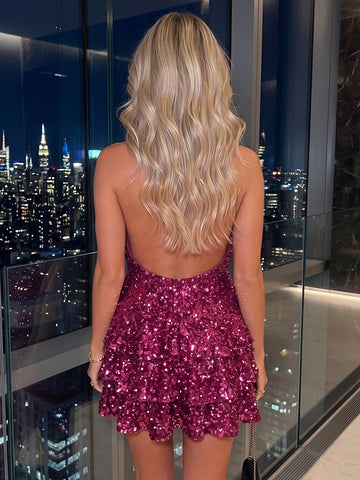 Sequins Halter Tiered A Line Sleeveless Short Homecoming Dresses