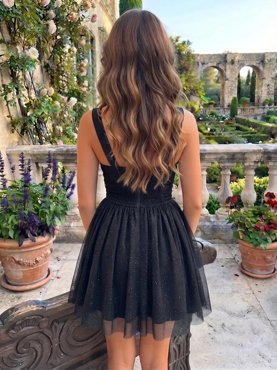 Sequins A Line Square Neck Sleeveless Short Homecoming Dresses
