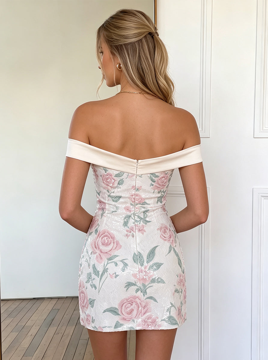Pink Off Shoulder Sequin Floral Short Homecoming Dresses