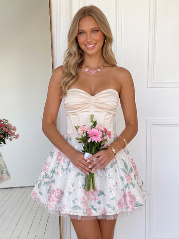 Pink Sequin Floral Corset Short Homecoming Dresses