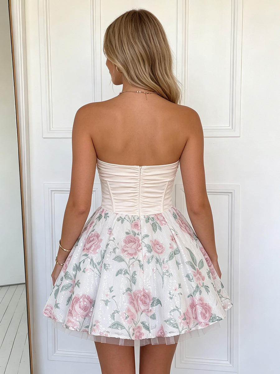 Pink Sequin Floral Corset Short Homecoming Dresses