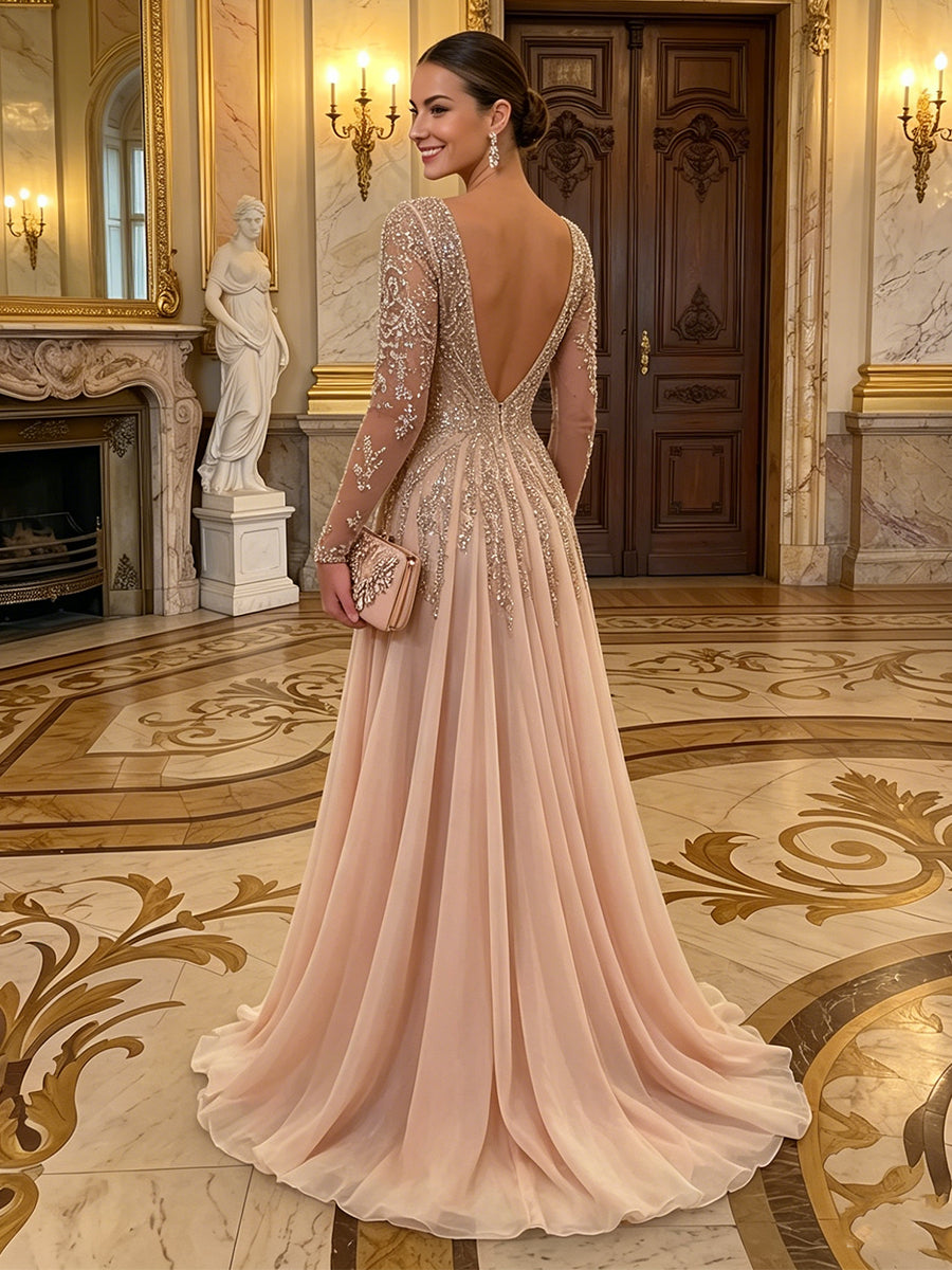 A Line Chiffon V Neck Long Sleeves Evening Dresses with Slit