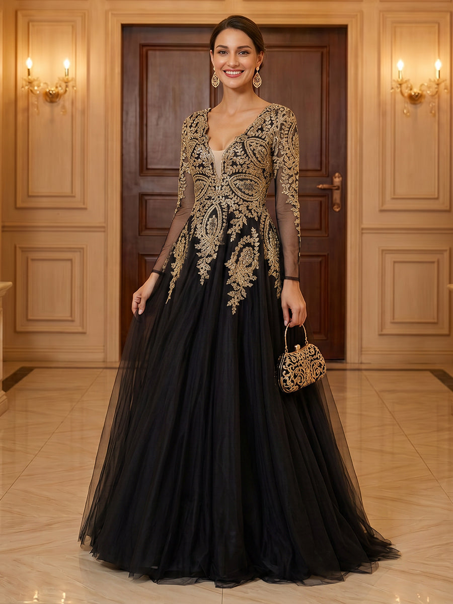 Tulle A Line V Neck Long Sleeves Lace Applique Evening Dresses