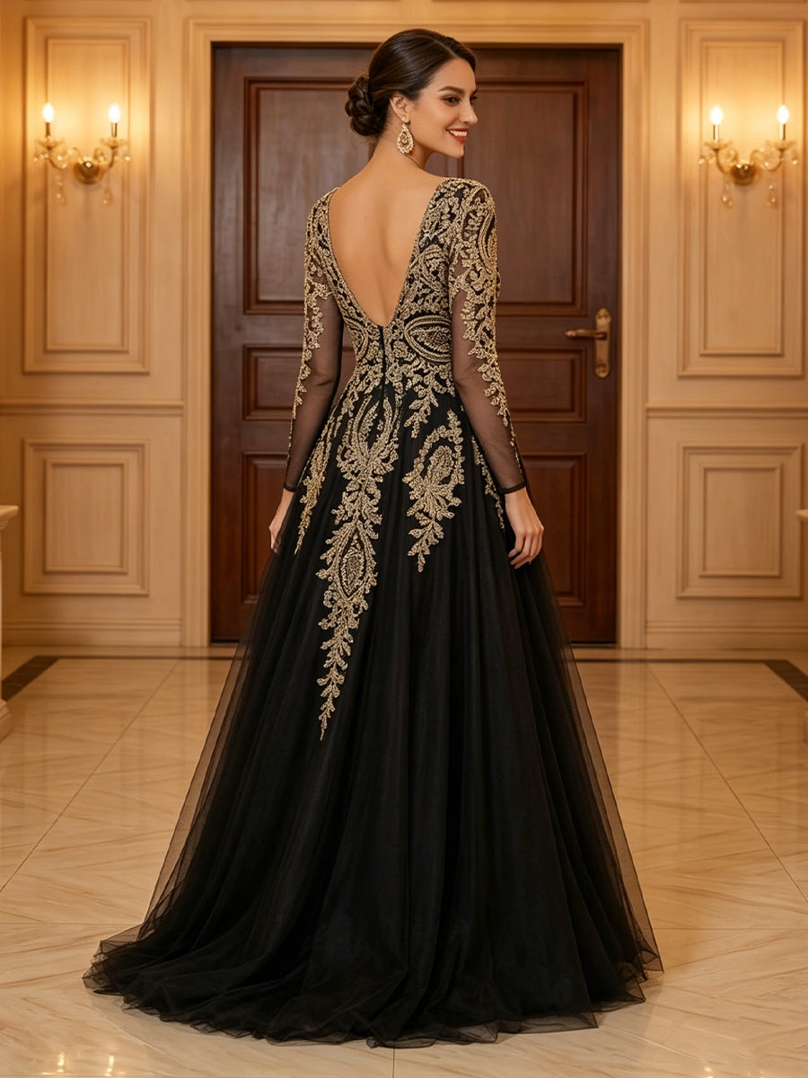 Tulle A Line V Neck Long Sleeves Lace Applique Evening Dresses