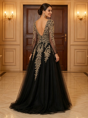 Tulle A Line V Neck Long Sleeves Lace Applique Evening Dresses