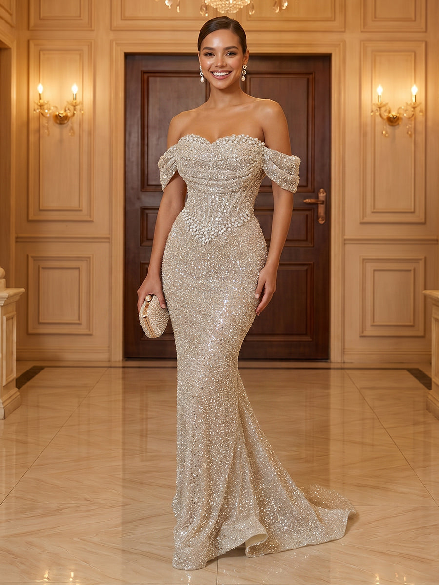 Mermaid Sequins Off the Shoulder Sleeveless Corset Evening Dresses