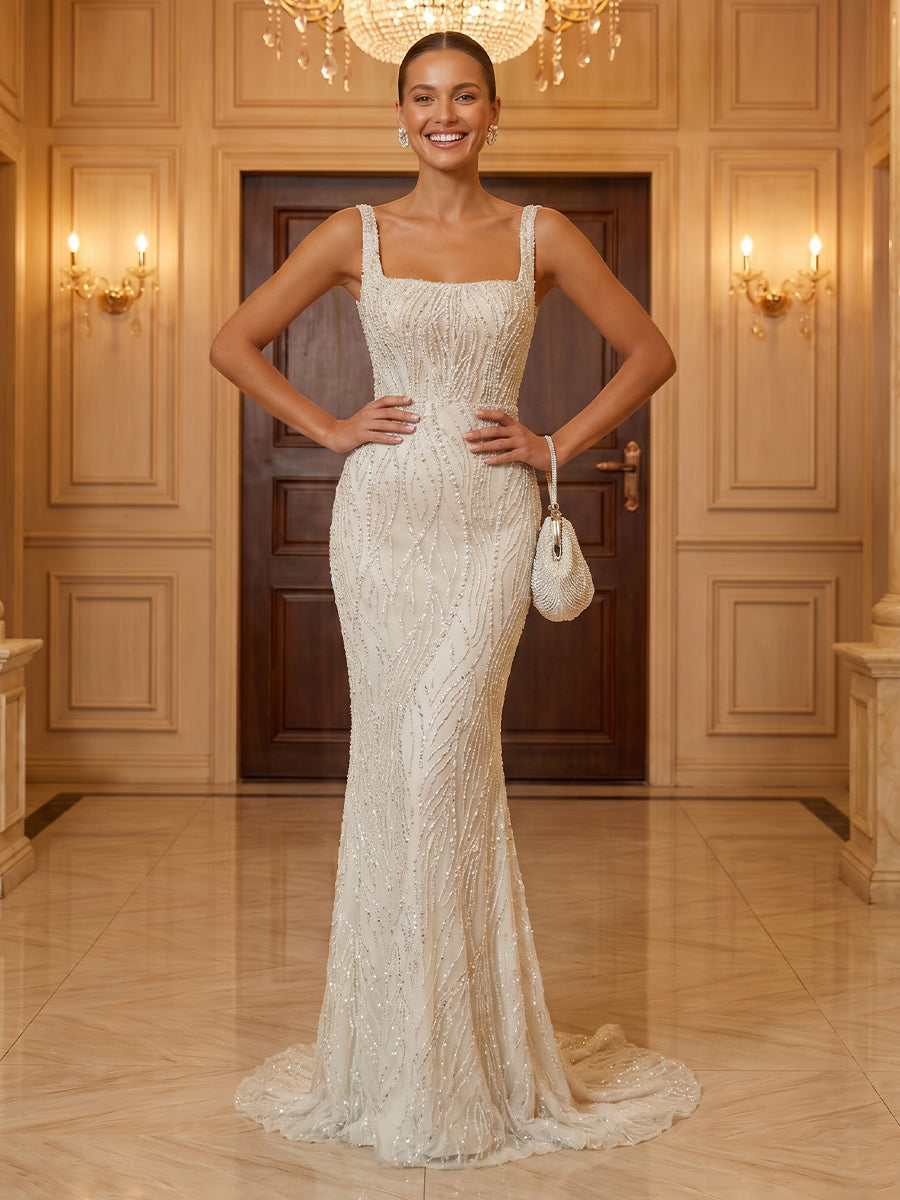 Mermaid Square Neck Tulle Sleeveless Evening Dresses