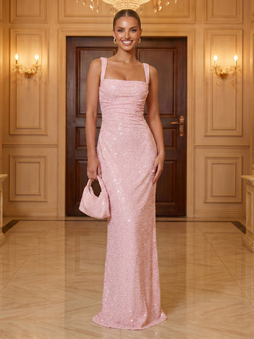 Sheath Sequins Square Neck Sleeveless Evening Dresses