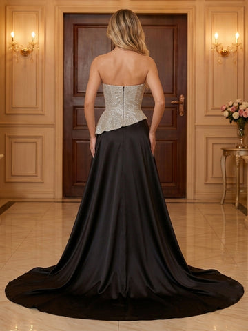 A Line Satin Strapless Sleeveless Evening Dresses with Slit