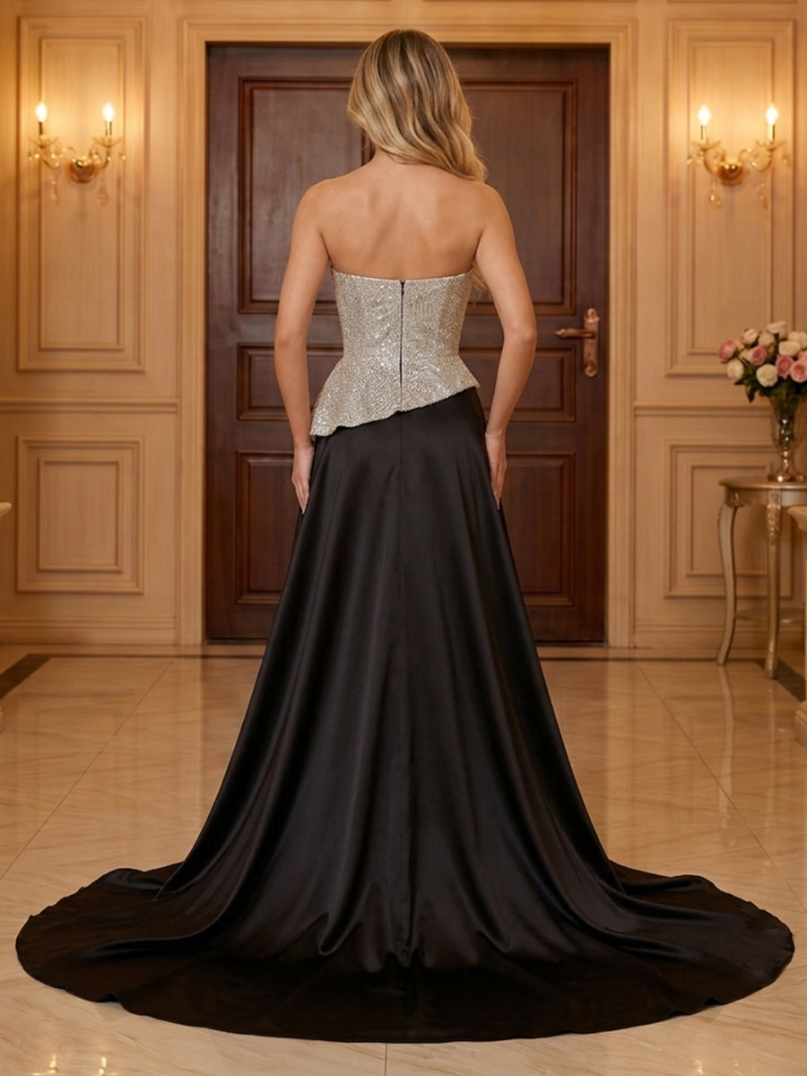 A Line Satin Strapless Sleeveless Evening Dresses with Slit
