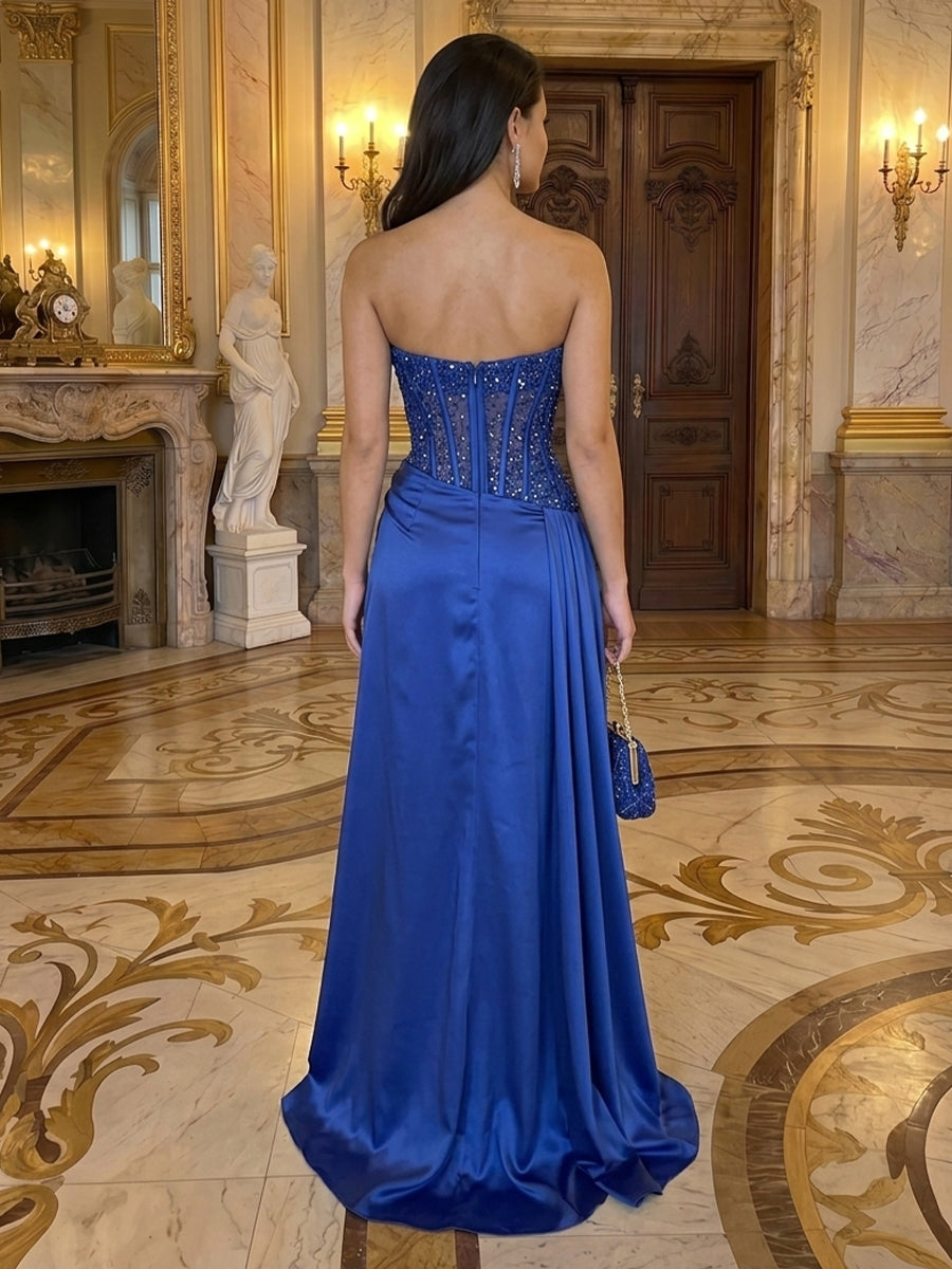 Mermaid Satin Strapless Sleeveless Evening Dresses with Slit