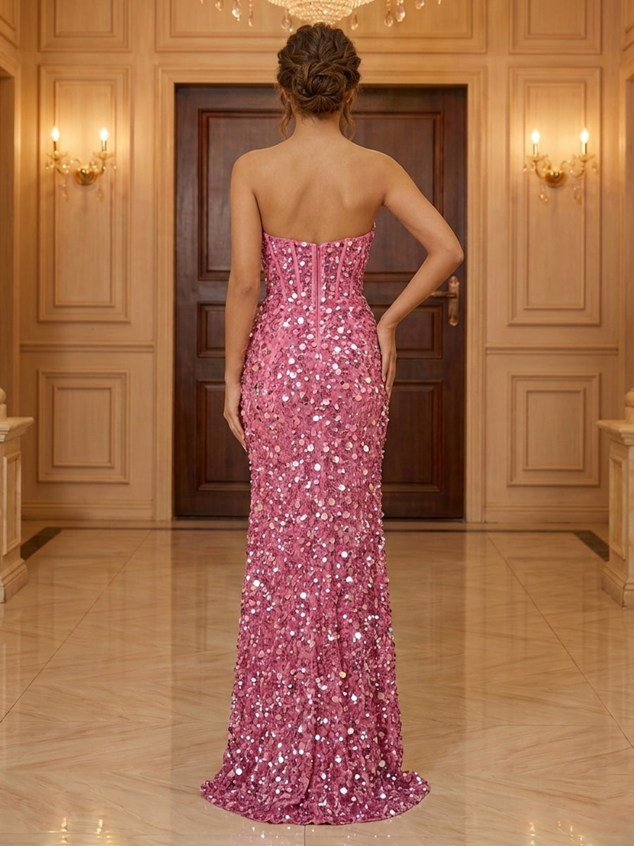 Mermaid Sweetheart Sequins Sleeveless Corset Evening Dresses with Slit