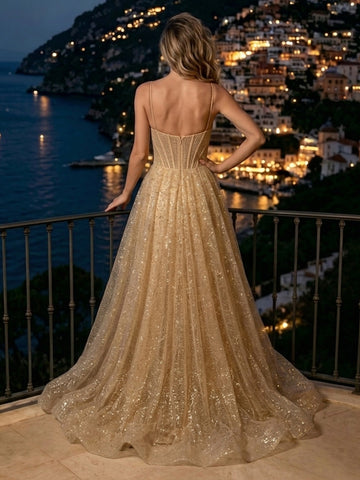 A Line V Neck Tulle Sleeveless Corset Evening Dresses