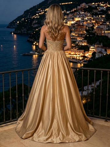 A Line Satin Strapless Sleeveless Rhinestone Evening Dresses