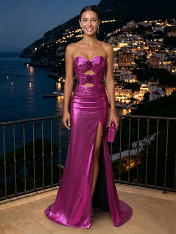 Sheath Satin Strapless Sleeveless Metallic Evening Dresses with Slit