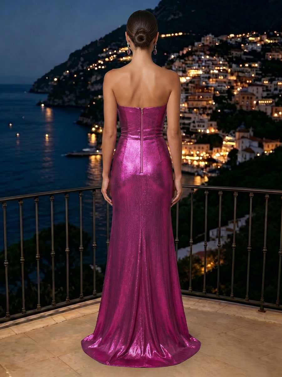 Sheath Satin Strapless Sleeveless Metallic Evening Dresses with Slit