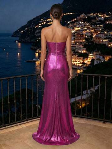 Sheath Satin Strapless Sleeveless Metallic Evening Dresses with Slit